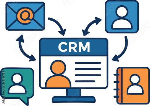 Flat vector CRM system syncing contacts from different platforms, customer data integration, isolated on white