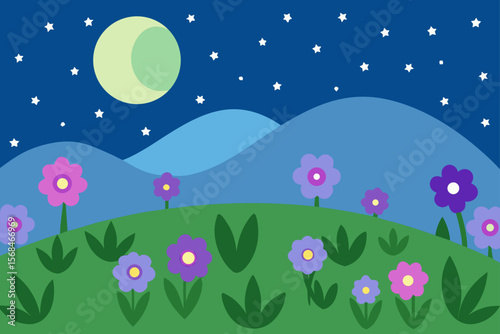 Tranquil Starlit Garden Landscape With Wildflowers