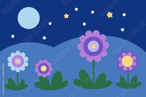 Tranquil Starlit Garden Landscape With Wildflowers