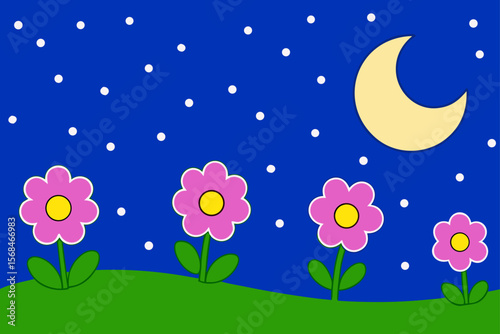 Tranquil Floral Meadow Under Bright Moonlight And Night Sky