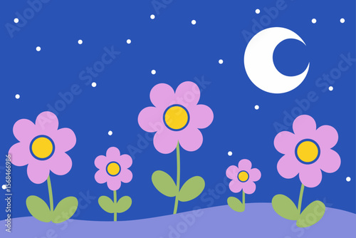 Tranquil Floral Meadow Under Bright Moonlight And Night Sky