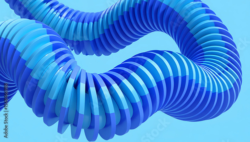 An Abstract Digital Rendering of a Blue and Light Blue Segmented Tubular Structure Twisting Through a Light Blue Background Creating a Visually Engaging and Dynamic Organic Form
