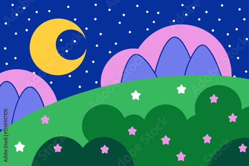 Starry Night In The Countryside Floral Hills Bathed In Moonlight