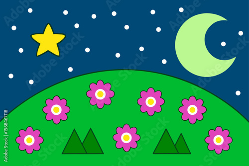 Star Filled Night With Calm Green Hills And Flowered Landscape