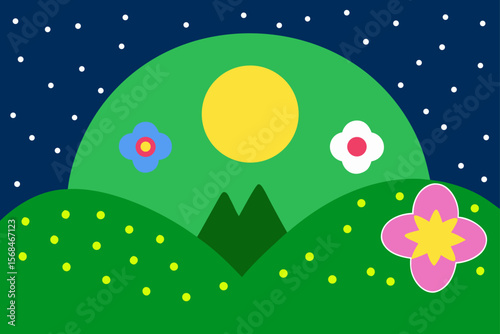 Star Filled Night With Calm Green Hills And Flowered Landscape