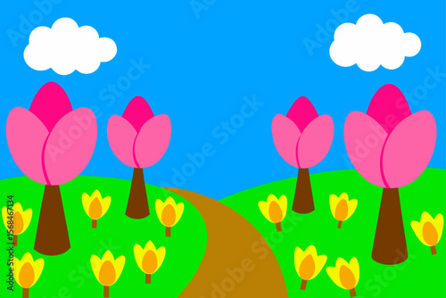 Springtime Scene With Blossoming Trees Footpath And Green Fields
