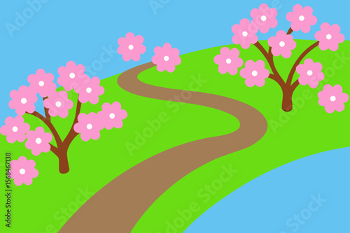 Spring Scene With Curved Trail Under Blooming Cherry Trees