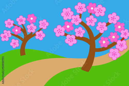 Spring Scene With Curved Trail Under Blooming Cherry Trees