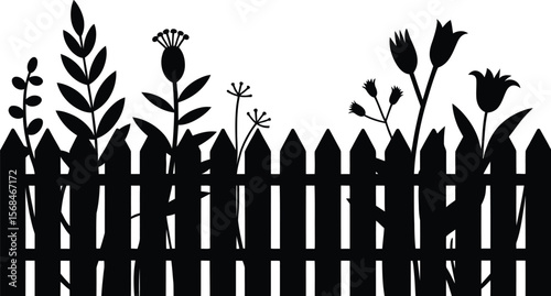 Black silhouette of a garden fence with plants on white background.eps