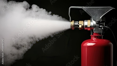 Red fire extinguisher spraying white foam on transparent background in a studio shot