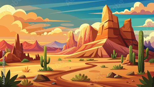 Cartoon Desert Landscape with Cacti, Rock Formations, and Colorful Sky Painting