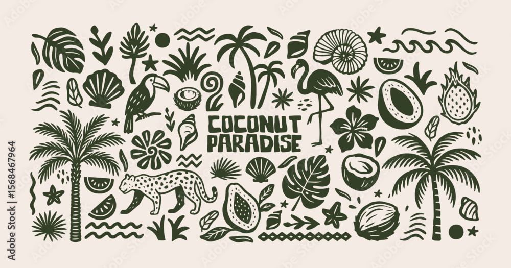 Naklejka premium Tropical shapes in retro cartoon style.Coconut paradise, exotic jungle elements: palm trees, leopard, flamingo, coconuts, leaves, fruits and sea symbols. Illustration in linear style, trendy stickers