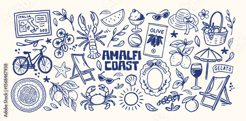 Italian summer stickers in retro cartoon style. Vacation symbols: pizza, wine, lemon, sea. La Dolce Vita concept with summer food and beach leisure. Illustration in hand-drawn linear doodle style.