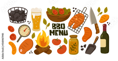 Outdoor barbecue and picnic elements. Grill, fried meat, steak, BBQ, chef's apron, vegetables. Set of tools for cooking meat on an open fire. Vector stickers in cartoon retro style
