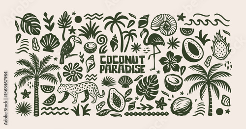 Tropical shapes in retro cartoon style.Coconut paradise, exotic jungle elements: palm trees, leopard, flamingo, coconuts, leaves, fruits and sea symbols. Illustration in linear style, trendy stickers