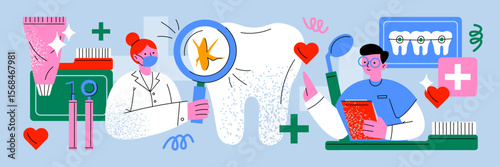 Dental composition with characters in retro cartoon style. Medical set: dentists, tooth, magnifying glass, instruments, tablet, toothbrush, hearts. Illustration in doodle style, healthcare concept.