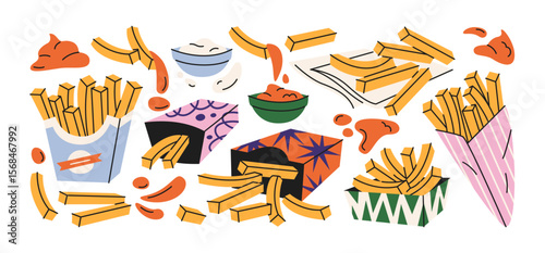 French fries in cartoon retro style. Crispy fast food compositions with fries in paper cones, sauces and ketchup splashes. Funky shapes illustrations, food lovers and snack packaging.