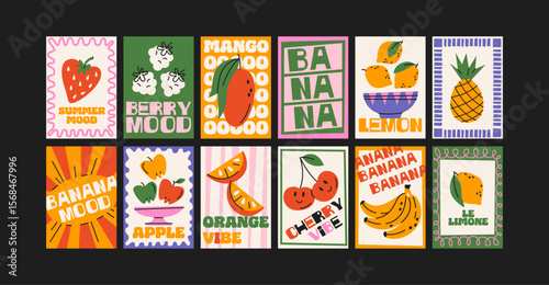 Colorful fruit posters in 90s cartoon style. Bright compositions with banana, cherry, mango, lemon, orange and strawberry. Decor for kitchens, cafes and restaurants. Minimalist wall banners.
