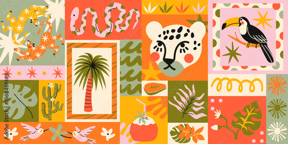 Naklejka premium Seamless tropical pattern in retro cartoon style. Jungle elements: palm tree, leopard, snake, toucan, exotic leaves. Colorful graphic design with bold summer vibe in cartoon style