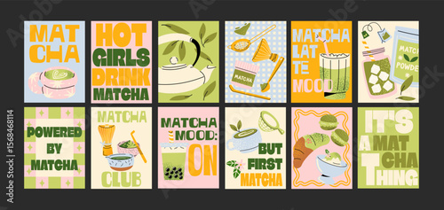Matcha tea posters in cartoon retro style. Trendy green tea illustrations with cups, whisk, leaves and text phrases. Kitchen, restaurants and cafe decor. Minimalist banners for prints and wall decor