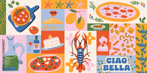 Italian summer food pattern in retro cartoon style. Amalfi coast vibe: pizza, pasta, tomato paste, pesto, olives, mozzarella, herbs and seafood. Illustration in funky, doodle style,Mediterranean print