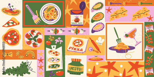 Italian summer food pattern in retro cartoon style. Amalfi coast vibe: pizza, pasta, tomato paste, pesto, olives, mozzarella, herbs and seafood. Illustration in funky, doodle style,Mediterranean print
