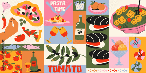 Italian summer food pattern in retro cartoon style. Amalfi coast vibe: pizza, pasta, tomato paste, pesto, olives, mozzarella, herbs and seafood. Illustration in funky, doodle style,Mediterranean print