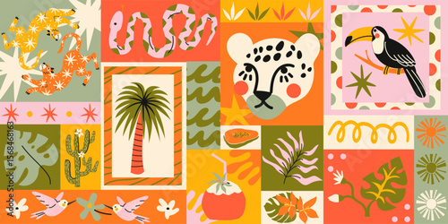Seamless tropical pattern in retro cartoon style. Jungle elements: palm tree, leopard, snake, toucan, exotic leaves. Colorful graphic design with bold summer vibe in cartoon style