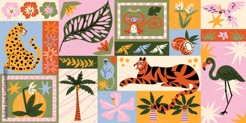 Seamless tropical pattern in retro cartoon style. Jungle elements: palm tree, leopard, snake, toucan, exotic leaves. Colorful graphic design with bold summer vibe in cartoon style