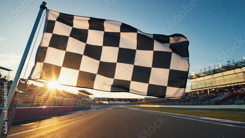 Checkered flag waving at sunset on empty racetrack