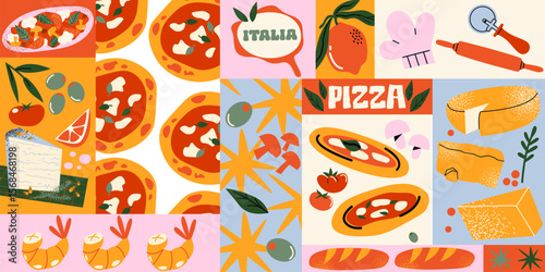 Italian summer food pattern in retro cartoon style. Amalfi coast vibe: pizza, pasta, tomato paste, pesto, olives, mozzarella, herbs and seafood. Illustration in funky, doodle style,Mediterranean print