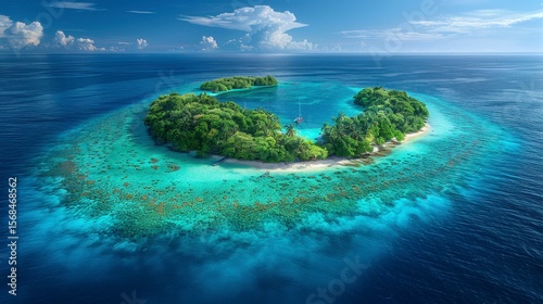 Lush island surrounded by clear turquoise water and a vibrant coral reef under a blue sky