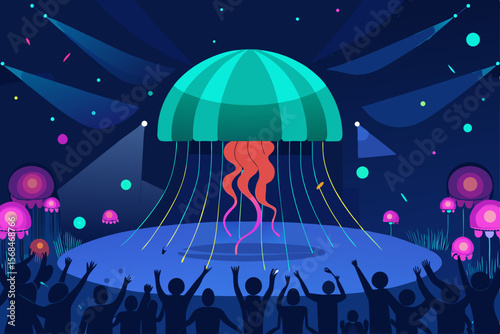 A magical autumn night illustration of a couple with an umbrella in the rain under a starry, moonlit sky