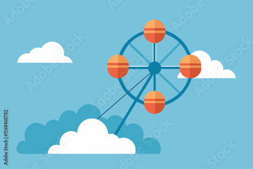 Cloud computing network with a stylized sun and rainbow in a blue sky, symbolizing modern internet technology