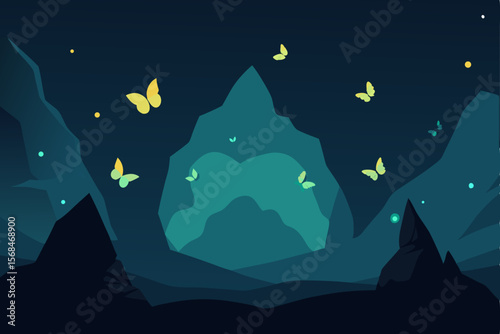 Blue vector cartoon illustration of a dark night sky with moon and stars over a winter tree landscape