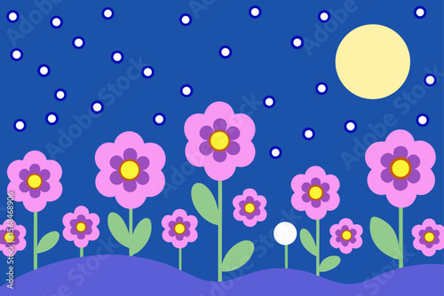 Vector Night Illustration Of Blooming Meadow Under Stars