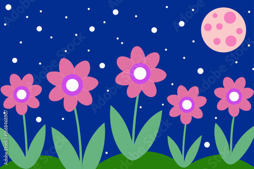 Vector Night Illustration Of Blooming Meadow Under Stars