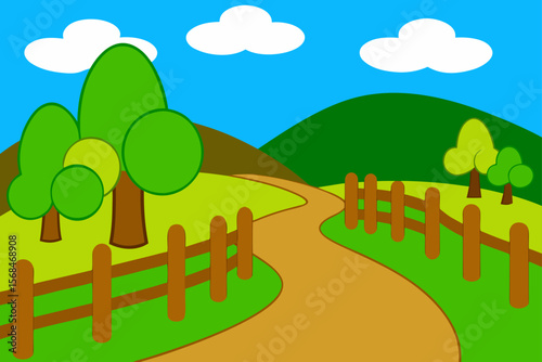 Vector Countryside Trail With Hills Wooden Fence