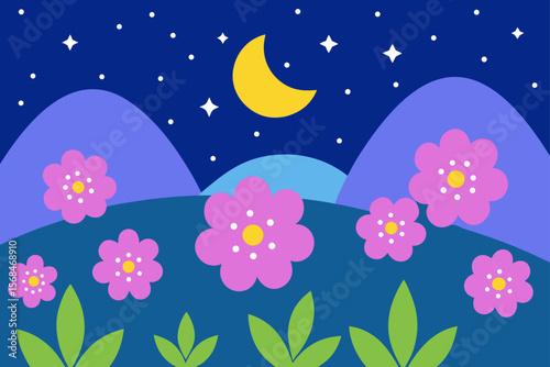 Vector Night Floral Landscape With Peaceful Hills