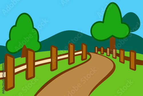 Vector Countryside Trail With Hills Wooden Fence