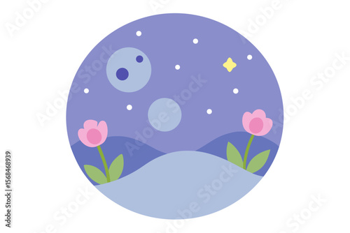 Dreamy Full Moon Scene With Flowers And Hills Starry Sky