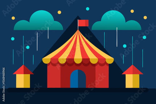 Rainy Day Circus A Colorful Illustration of a Classic Circus Tent Under the Clouds