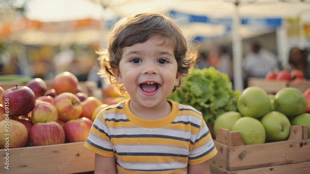 Fototapeta premium Smiling caucasian child surrounded by fresh apples and greens at outdoor market