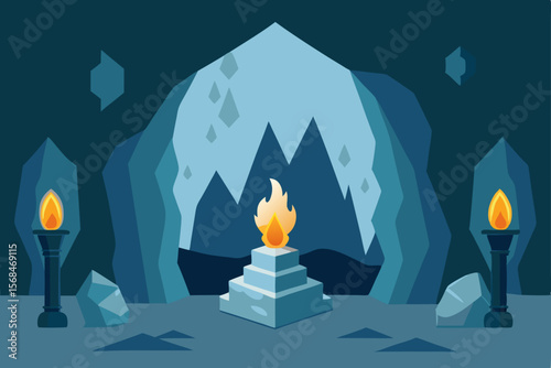 Mysterious Ice Cave with Burning Flame Altar Fantasy Illustration