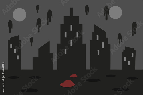 Mysterious Cityscape Dark Urban Landscape with Falling Shapes