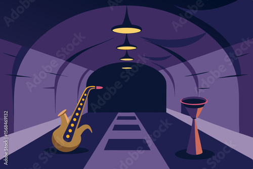 Mysterious Underground Jazz Club Saxophone Serenade in a Purple Tunnel