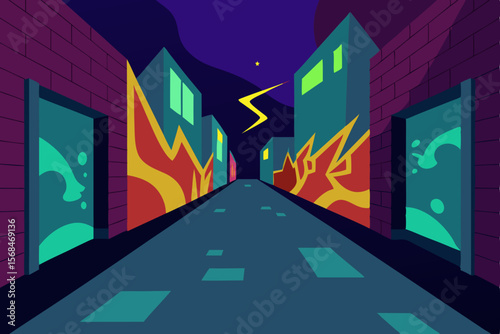 Night City Alleyway Vibrant Graffiti Art and Urban Nightlife