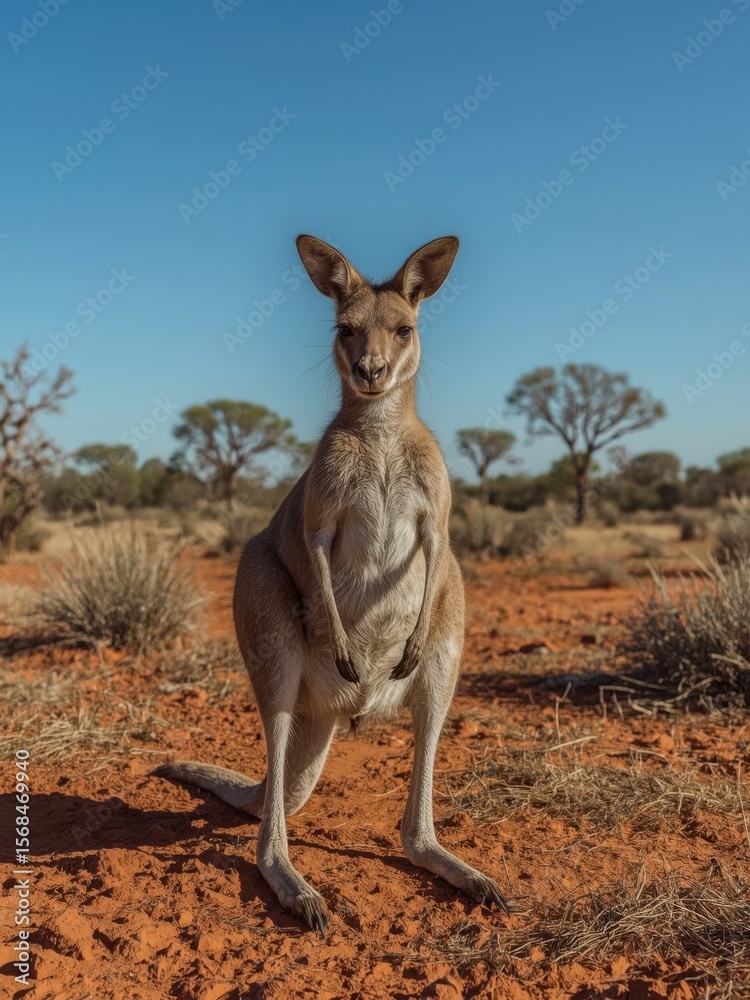 Fototapeta premium Kangaroo in Australian Outback, with a serene expression on a clear blue day, looking into the camera.