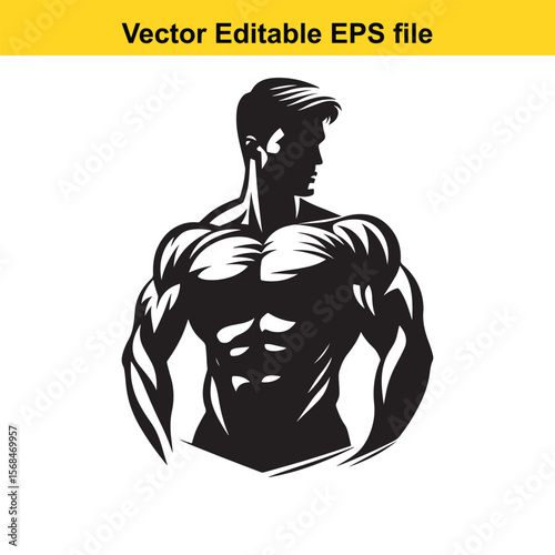 Silhouette of a Muscular Man with Defined Abs and Shoulders in Black and White Vector Illustration