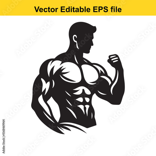 Silhouette of a Muscular Man Demonstrating His Physique with Flexed Bicep and Visible Abdominal Muscles in a Vector Illustration